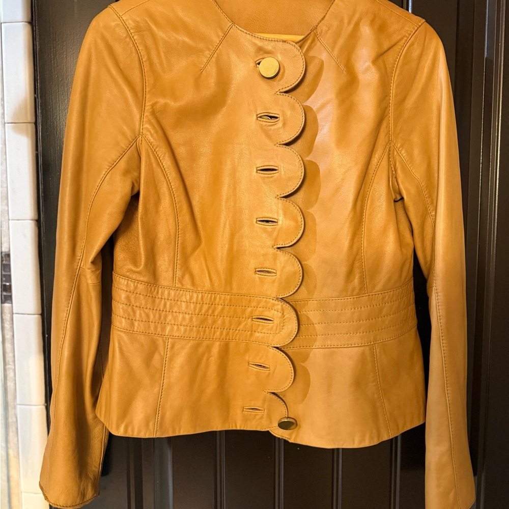 Tory Burch Camel Leather Jacket with Unique Button Design